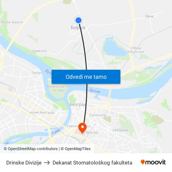 Drinske Divizije to Dekanat Stomatološkog fakulteta map