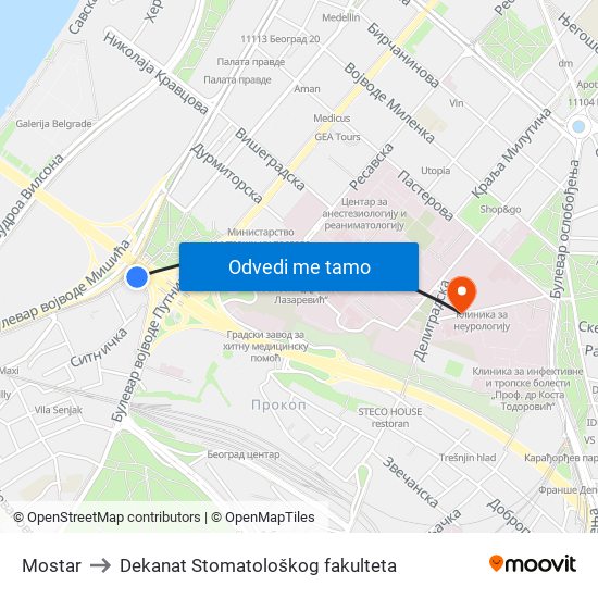 Mostar to Dekanat Stomatološkog fakulteta map