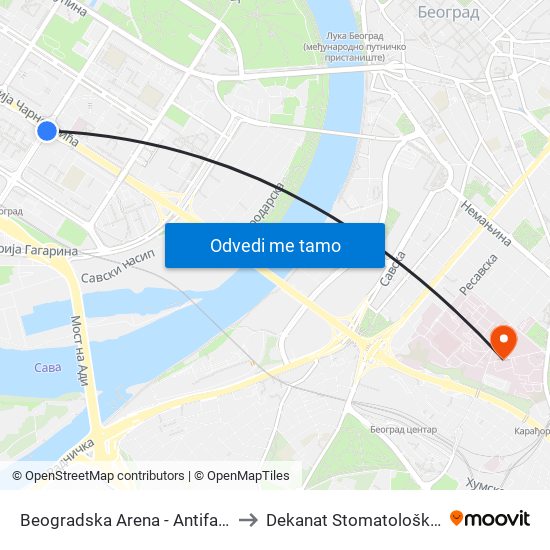 Beogradska Arena - Antifašističke Borbe to Dekanat Stomatološkog fakulteta map