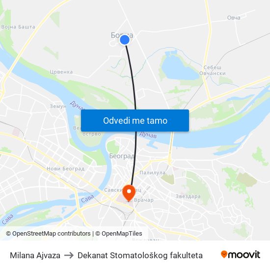 Milana Ajvaza to Dekanat Stomatološkog fakulteta map