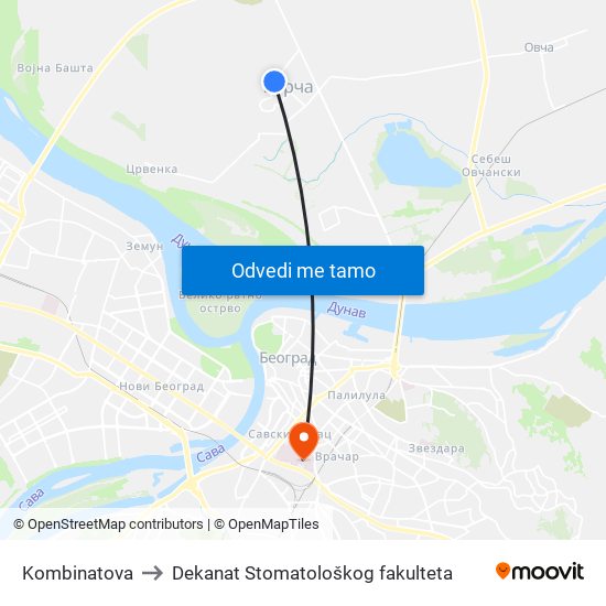 Kombinatova to Dekanat Stomatološkog fakulteta map