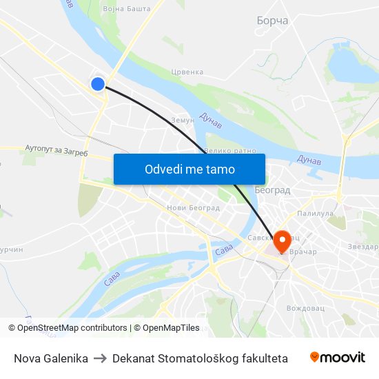 Nova Galenika to Dekanat Stomatološkog fakulteta map