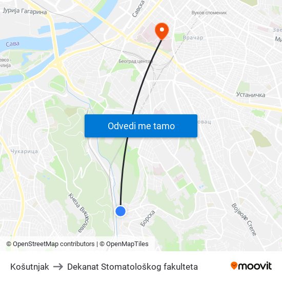 Košutnjak to Dekanat Stomatološkog fakulteta map