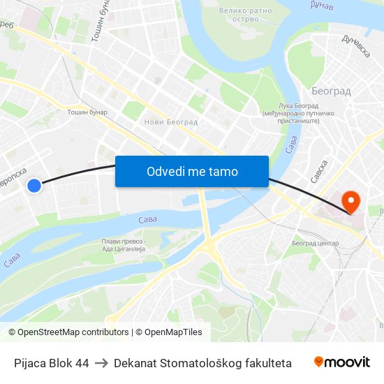Pijaca Blok 44 to Dekanat Stomatološkog fakulteta map