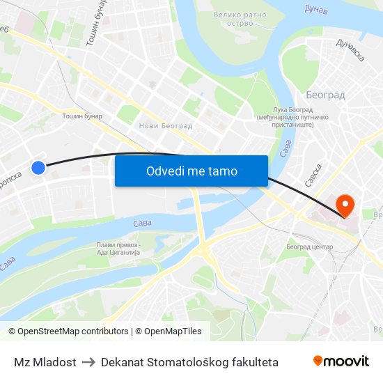 Mz Mladost to Dekanat Stomatološkog fakulteta map