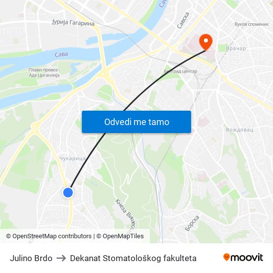 Julino Brdo to Dekanat Stomatološkog fakulteta map