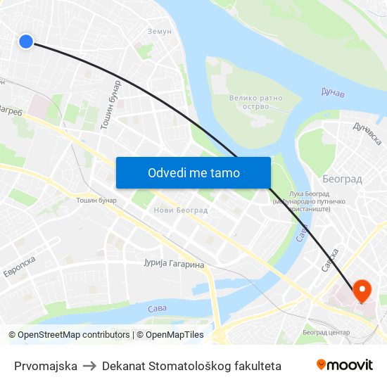 Prvomajska to Dekanat Stomatološkog fakulteta map