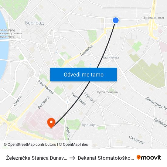 Železnička Stanica Dunav - Okretnica to Dekanat Stomatološkog fakulteta map