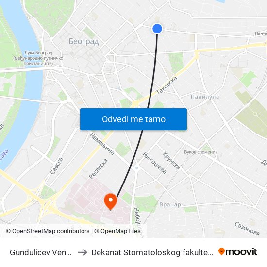 Gundulićev Venac to Dekanat Stomatološkog fakulteta map