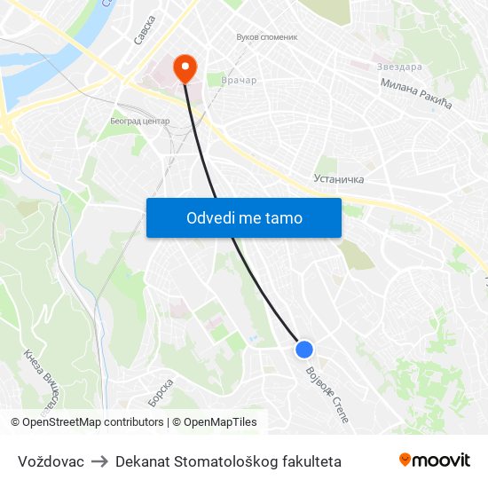 Voždovac to Dekanat Stomatološkog fakulteta map