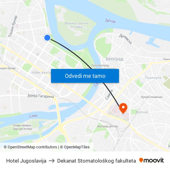 Hotel Jugoslavija to Dekanat Stomatološkog fakulteta map