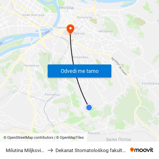 Milutina Miljkovića to Dekanat Stomatološkog fakulteta map