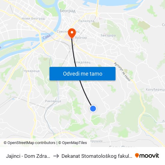 Jajinci - Dom Zdravlja to Dekanat Stomatološkog fakulteta map