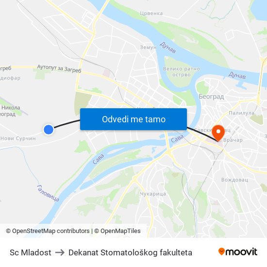 Sc Mladost to Dekanat Stomatološkog fakulteta map