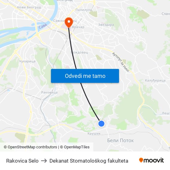 Rakovica Selo to Dekanat Stomatološkog fakulteta map