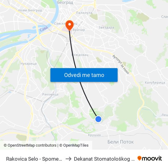 Rakovica Selo - Spomen Česma to Dekanat Stomatološkog fakulteta map