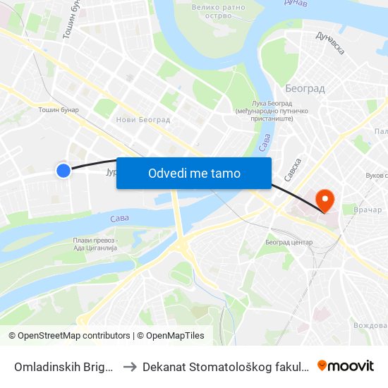 Omladinskih Brigada to Dekanat Stomatološkog fakulteta map