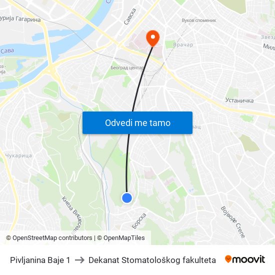 Pivljanina Baje 1 to Dekanat Stomatološkog fakulteta map