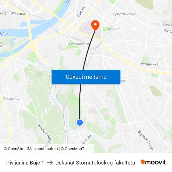 Pivljanina Baje 1 to Dekanat Stomatološkog fakulteta map