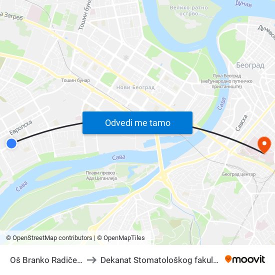 Oš Branko Radičević to Dekanat Stomatološkog fakulteta map