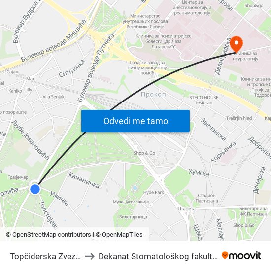 Topčiderska Zvezda to Dekanat Stomatološkog fakulteta map