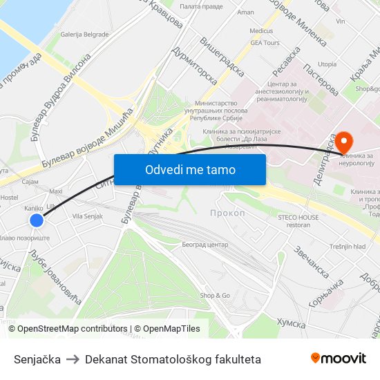 Senjačka to Dekanat Stomatološkog fakulteta map