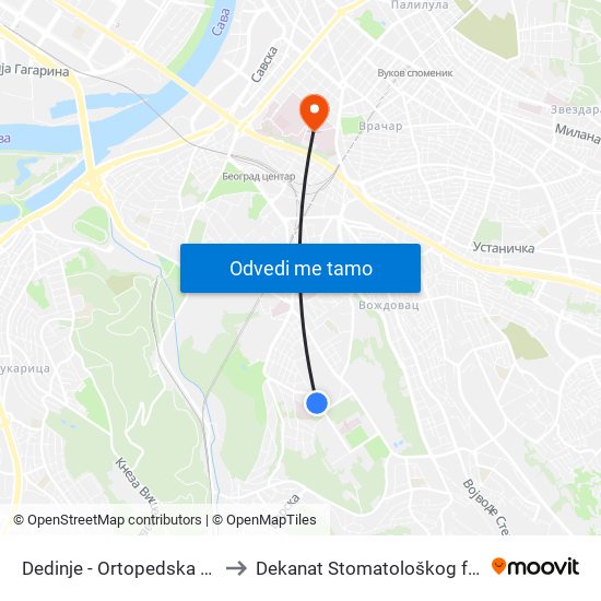 Dedinje - Ortopedska Bolnica to Dekanat Stomatološkog fakulteta map