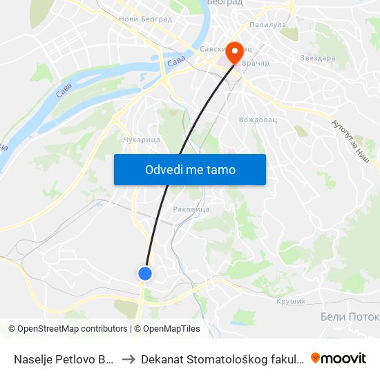 Naselje Petlovo Brdo to Dekanat Stomatološkog fakulteta map