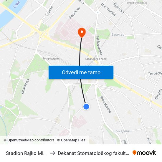 Stadion Rajko Mitić to Dekanat Stomatološkog fakulteta map