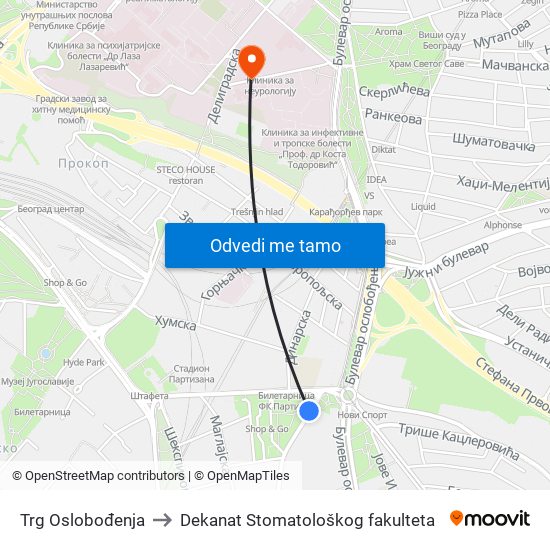 Trg Oslobođenja to Dekanat Stomatološkog fakulteta map