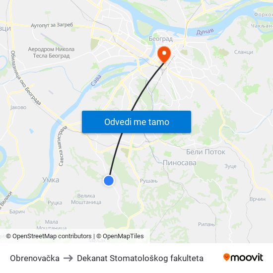 Obrenovačka to Dekanat Stomatološkog fakulteta map