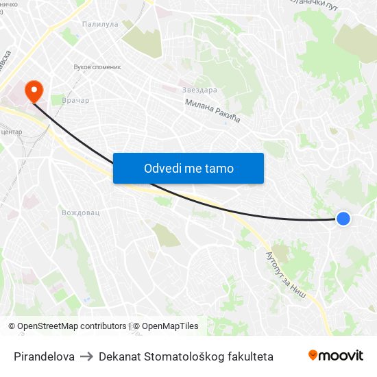 Pirandelova to Dekanat Stomatološkog fakulteta map