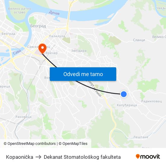 Kopaonička to Dekanat Stomatološkog fakulteta map