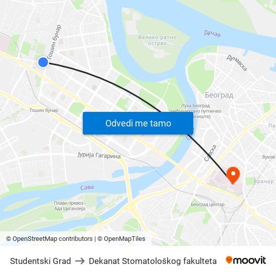 Studentski Grad to Dekanat Stomatološkog fakulteta map