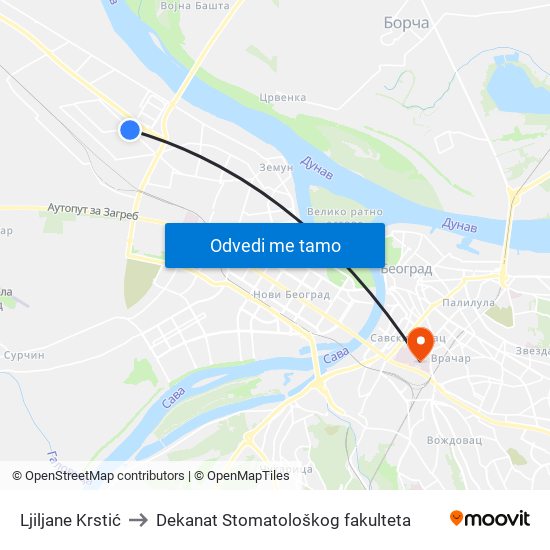 Ljiljane Krstić to Dekanat Stomatološkog fakulteta map