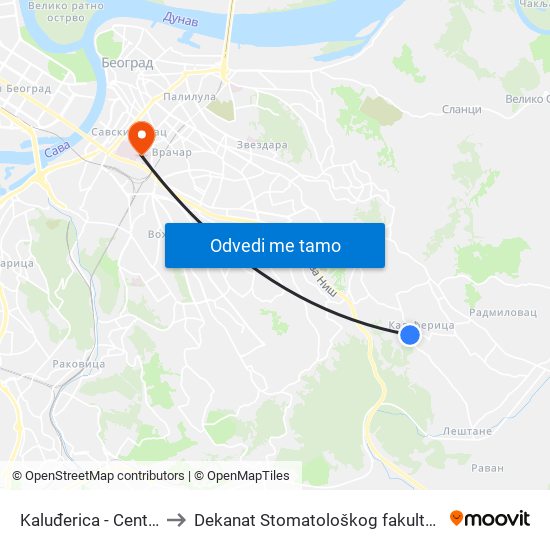Kaluđerica - Centar to Dekanat Stomatološkog fakulteta map