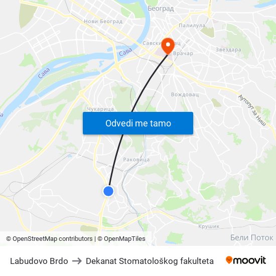 Labudovo Brdo to Dekanat Stomatološkog fakulteta map