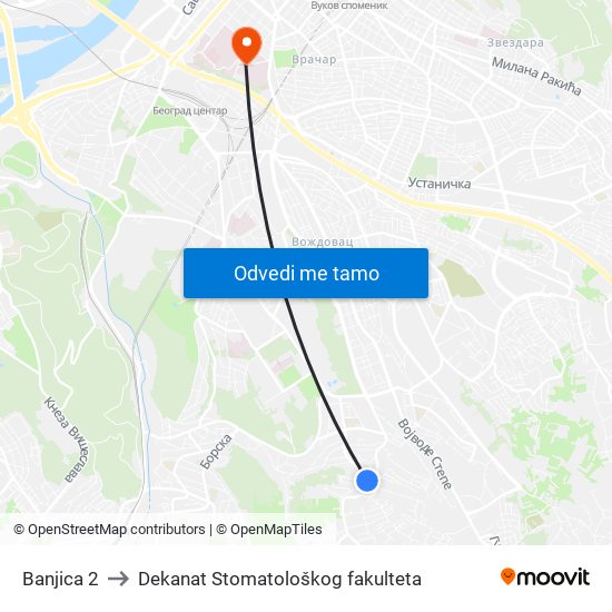 Banjica 2 to Dekanat Stomatološkog fakulteta map