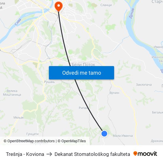 Trešnja - Koviona to Dekanat Stomatološkog fakulteta map