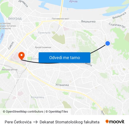 Pere Ćetkovića to Dekanat Stomatološkog fakulteta map