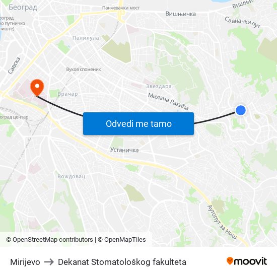 Mirijevo to Dekanat Stomatološkog fakulteta map