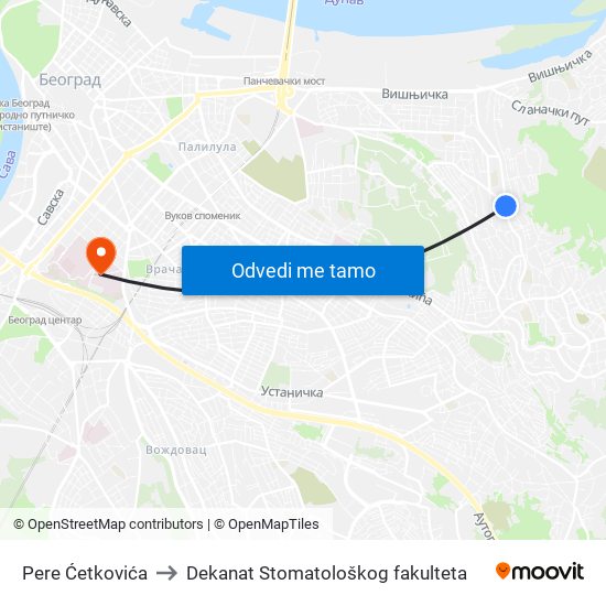 Pere Ćetkovića to Dekanat Stomatološkog fakulteta map