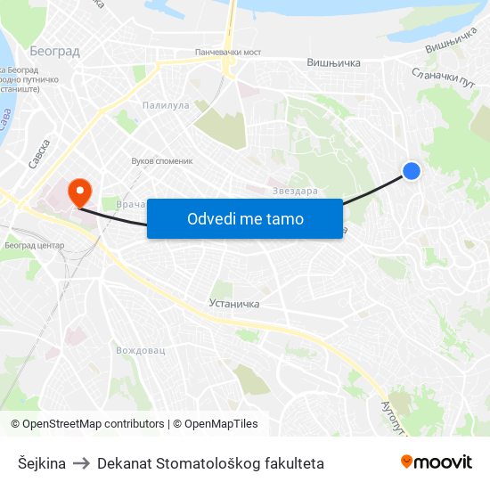 Šejkina to Dekanat Stomatološkog fakulteta map