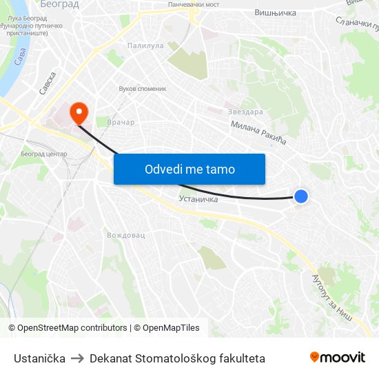 Ustanička to Dekanat Stomatološkog fakulteta map