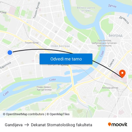 Gandijeva to Dekanat Stomatološkog fakulteta map