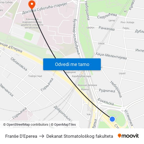 Franše D'Eperea to Dekanat Stomatološkog fakulteta map