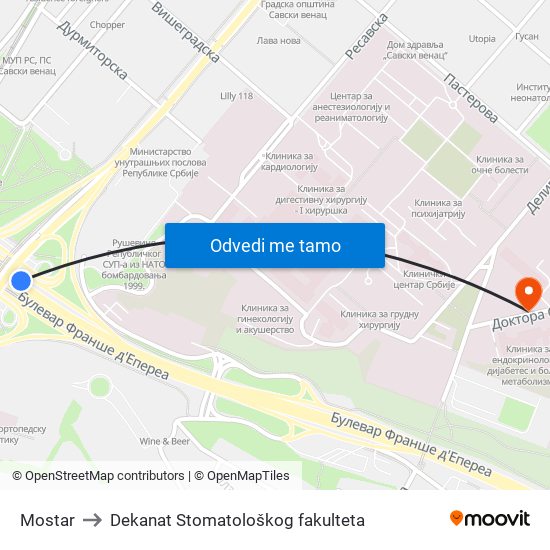 Mostar to Dekanat Stomatološkog fakulteta map