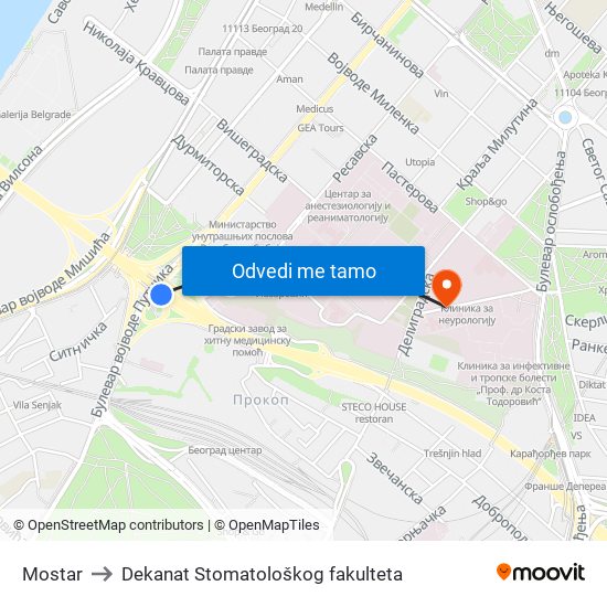 Mostar to Dekanat Stomatološkog fakulteta map