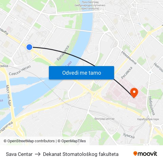 Sava Centar to Dekanat Stomatološkog fakulteta map