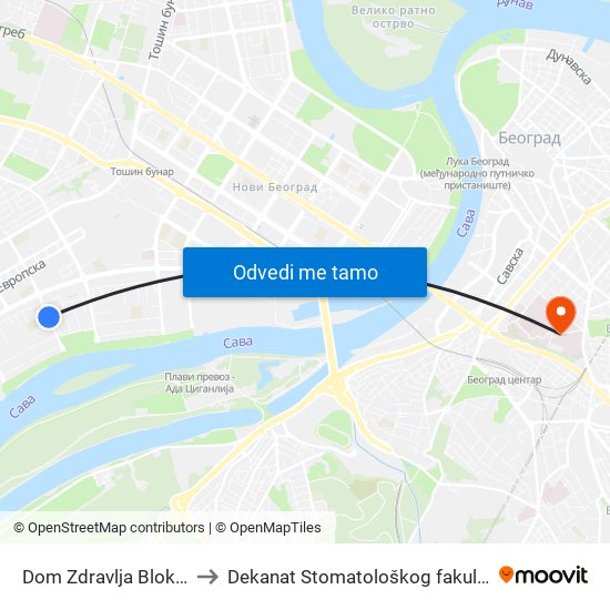 Dom Zdravlja Blok 44 to Dekanat Stomatološkog fakulteta map